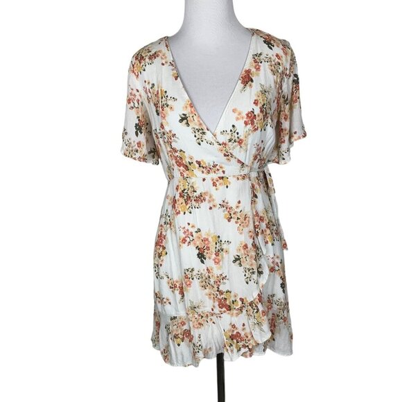 Abercrombie & Fitch Floral Wrap Dress XS V-Neck Short Sleeve Ruffle Hem White - Picture 1 of 5